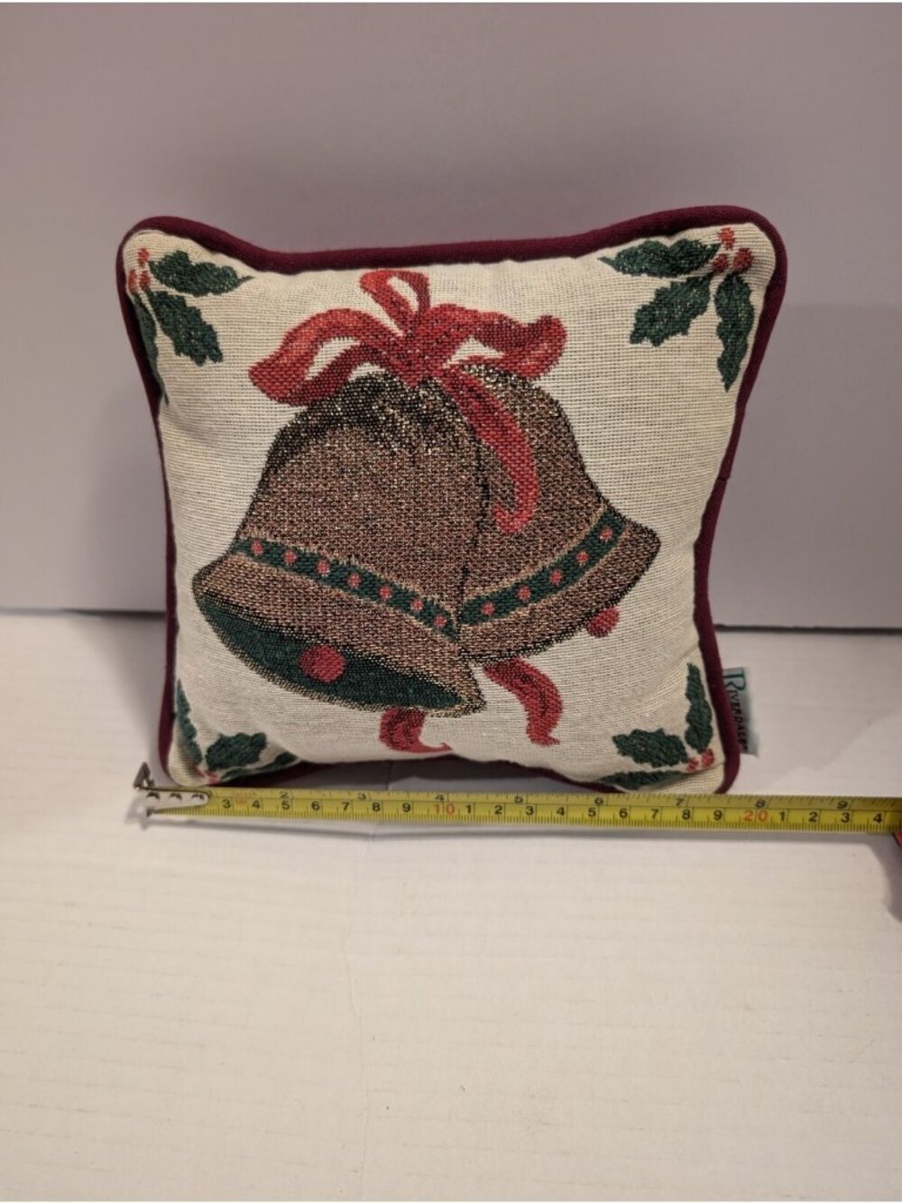 Decorative Christmas Pillow With Bells & Holly Riverdale Burgundy Backing 9"x9"